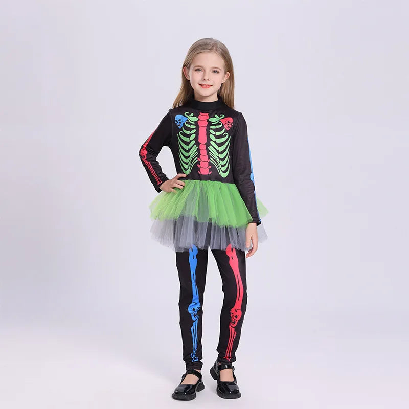 Colorful Skeleton Cosplay Costume for Kids – Girls One-Piece Tight Skirt Dress for Halloween Roleplay & Party Wear