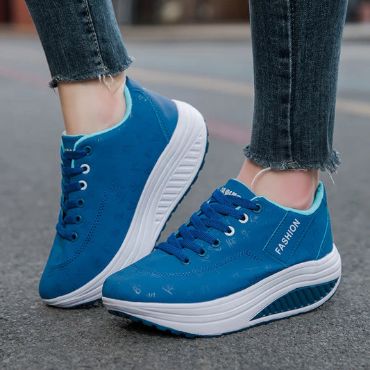 Zapatillas deportivas de mujer con cuña – Calzado deportivo casual transpirable con cordones, suela gruesa, zapatos cómodos para caminar
