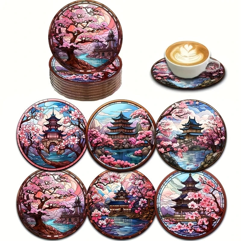 4/6PCS Wooden Coasters – Cherry Blossom, Kimono & Mount Fuji Japanese-Style Design Coffee Table Drink Mats for Home & Dining