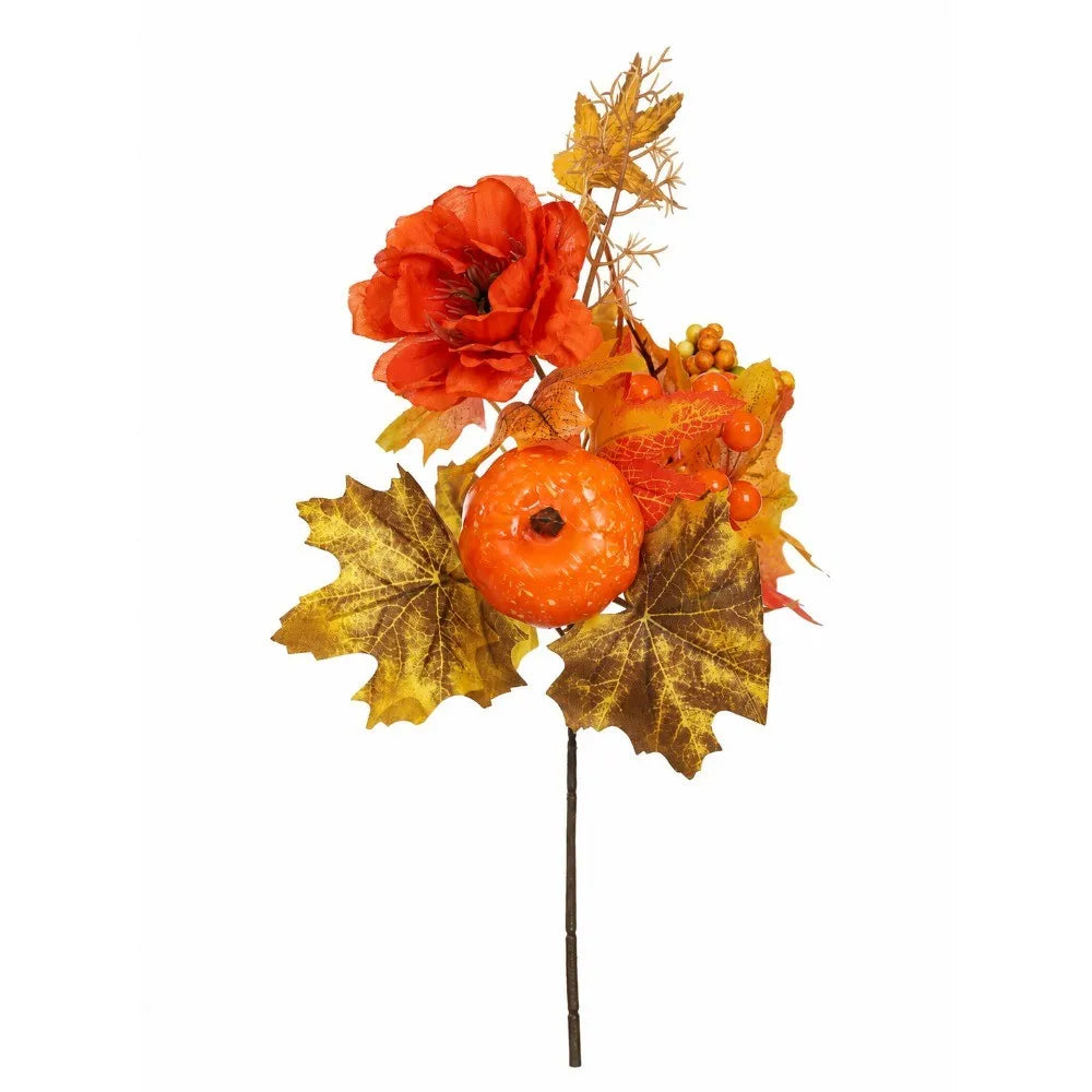 Artificial Fall Flower Bouquet with Maple Leaves & Pumpkin Accents – Faux Floral Stems for Thanksgiving, Halloween, Autumn Table Centerpieces & Home Decor