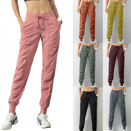 Pantalones deportivos de mujer de secado rápido, tipo jogger, con cordón ajustable, para gimnasio, fitness, con dos bolsillos laterales