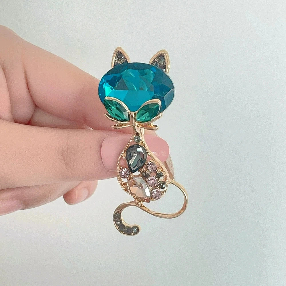 Retro Green Kitten Crystal Brooch Set – Personalized Vintage Cat Flower Chest Pin, Fashion Jewelry Accessory & Gift for Women