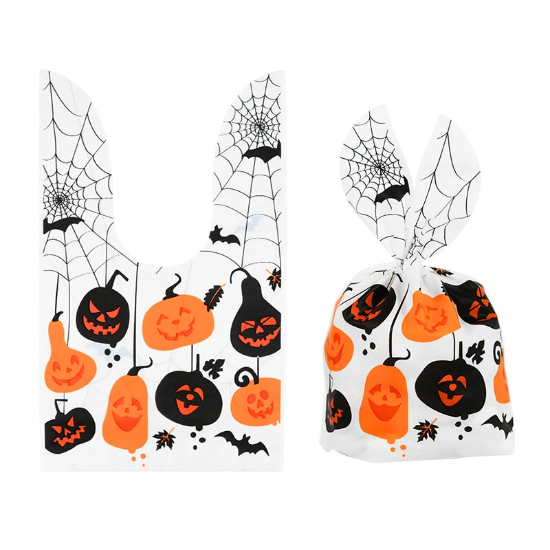 25/50PCS Halloween Candy Bags – Rabbit Ear Pumpkin Plastic Treat Bags for Candy, Cookies & Desserts, DIY Packaging for Kids’ Halloween Parties