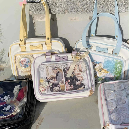 Bolso Y2K lindo con moño Ita – Bolso de hombro transparente para mujer y niña, bolso tote de exhibición de insignias DIY, bolso bandolera de moda Lolita con diseño de moño Kawaii