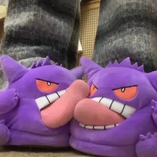 Pantuflas de peluche de Gengar de Pokémon – Diseño divertido de lengua de anime de dibujos animados, cálidas, antideslizantes, para interiores, zapatos de invierno para casa