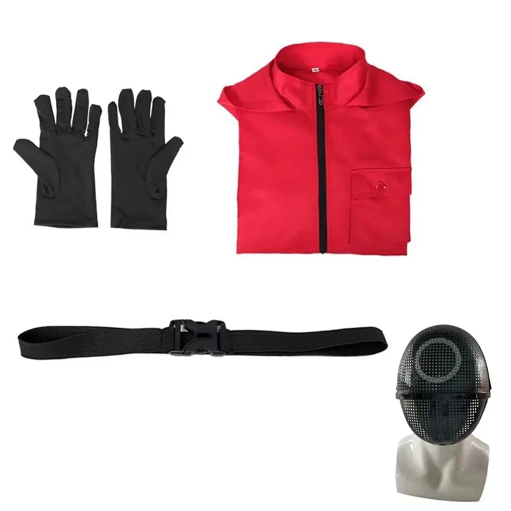 Hot Halloween Anime Cosplay Costume – Red Sportswear Squid Game Inspired Set with Mask & Accessories for Party Performance & Holiday Gift