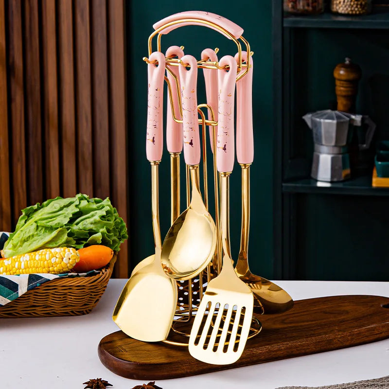 7PCS Stainless Steel Kitchen Utensil Set – Cooking Spatula & Soup Spoon with Ceramic Handles, Nordic Style Kitchenware