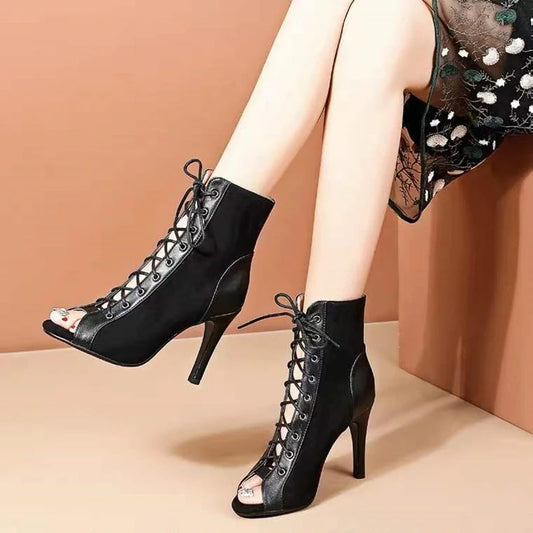 Sandalias de tacón de aguja con cordones para mujer – Botines de tacón alto con puntera abierta de 9 cm, zapatos sexy de moda de verano para fiesta y baile