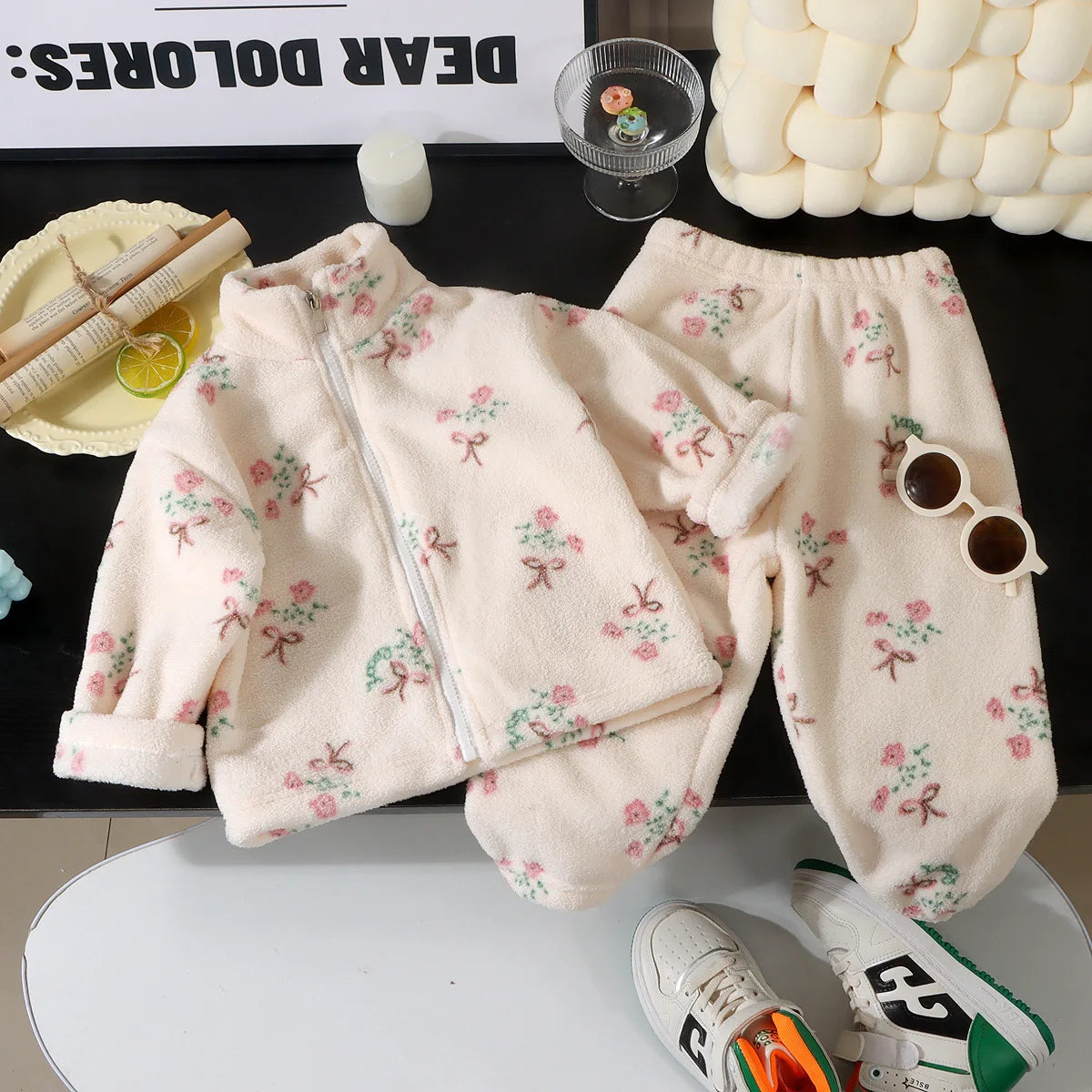 Kids Flannel Pajama Set 2-Piece, Thick Warm Winter Sleepwear for Boys and Girls, Floral and Leopard Print Zipper Top with Matching Pants