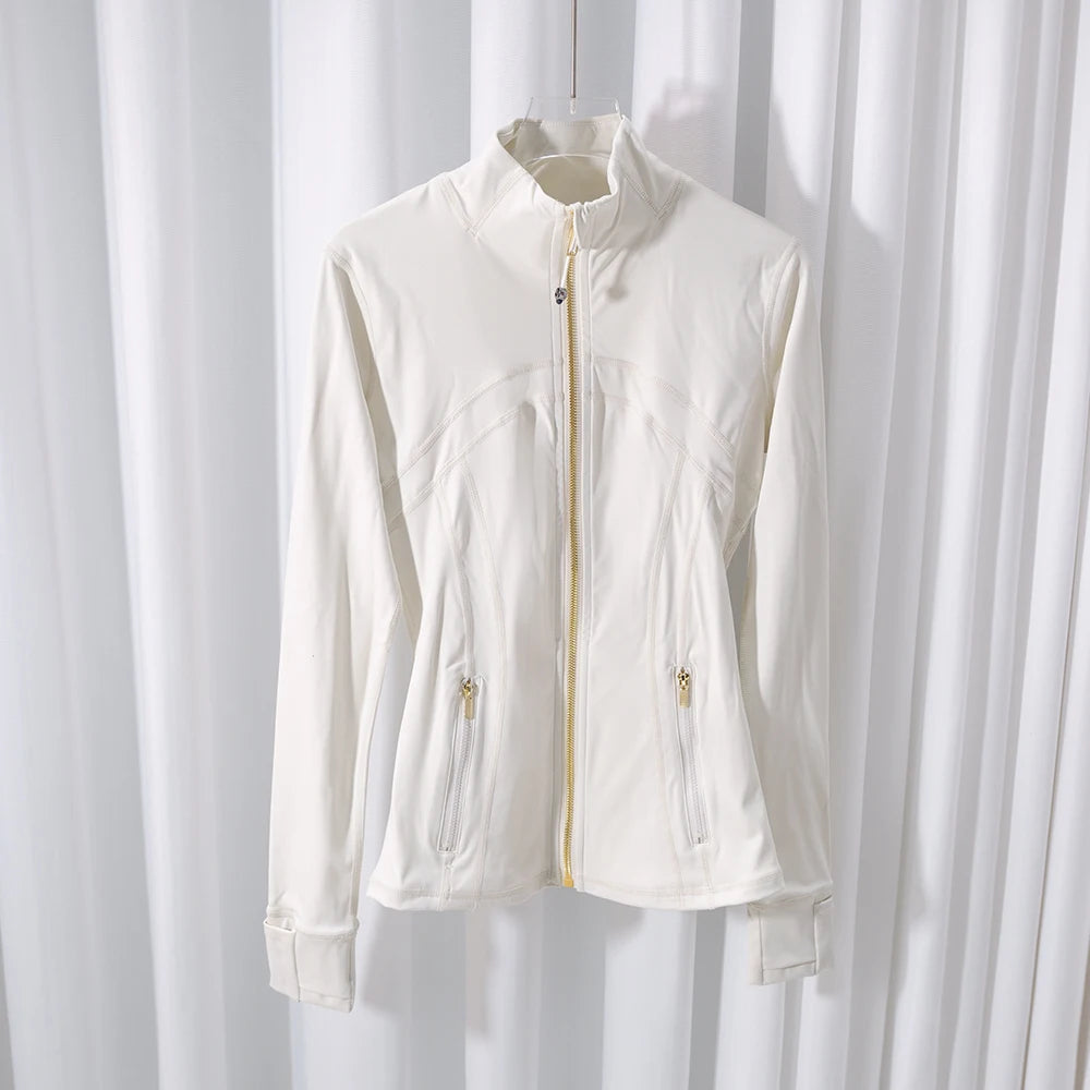 Women’s Gold Zipper Yoga Jacket – Stand Collar Slim Fit Quick-Dry Breathable Sports & Running Activewear