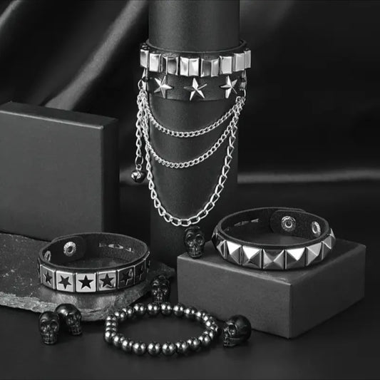 Set de 4 Pulseras Góticas Punk – Pulseras de Cadena de Metal con Remaches Cuadrados y Borlas para Hombres y Mujeres | Regalo de Joyería de Moda Rock