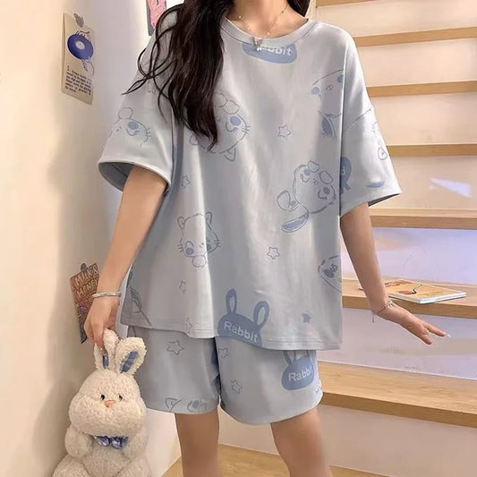 Conjunto de pijama de verano para mujer – Bonito top de manga corta de 2 piezas y pantalones cortos, ropa de dormir y de estar ligera de ajuste holgado