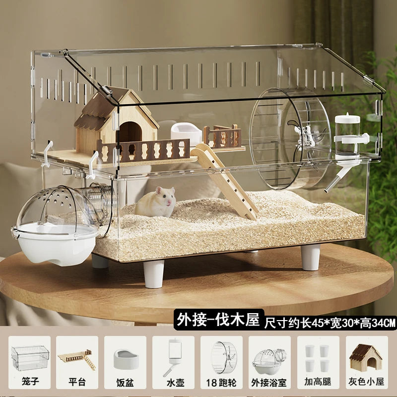 Acrylic Hamster Cage – Transparent Rodent Habitat with Accessories, Luxury Villa Enclosure for Syrian, Dwarf Hamsters, Gerbils & Mice