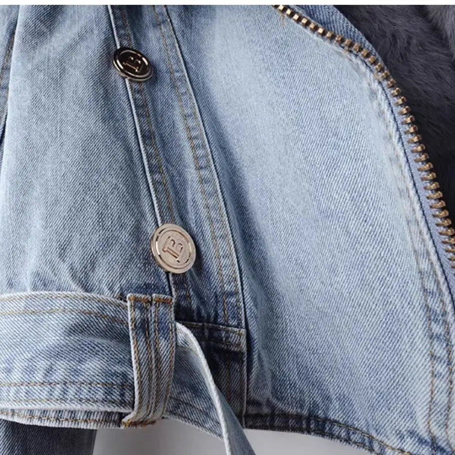 Women’s Faux Fox Fur Collar Denim Jacket – Short Winter Parka with Rabbit-Hair Lining, Warm Fashion Coat & Casual Outerwear