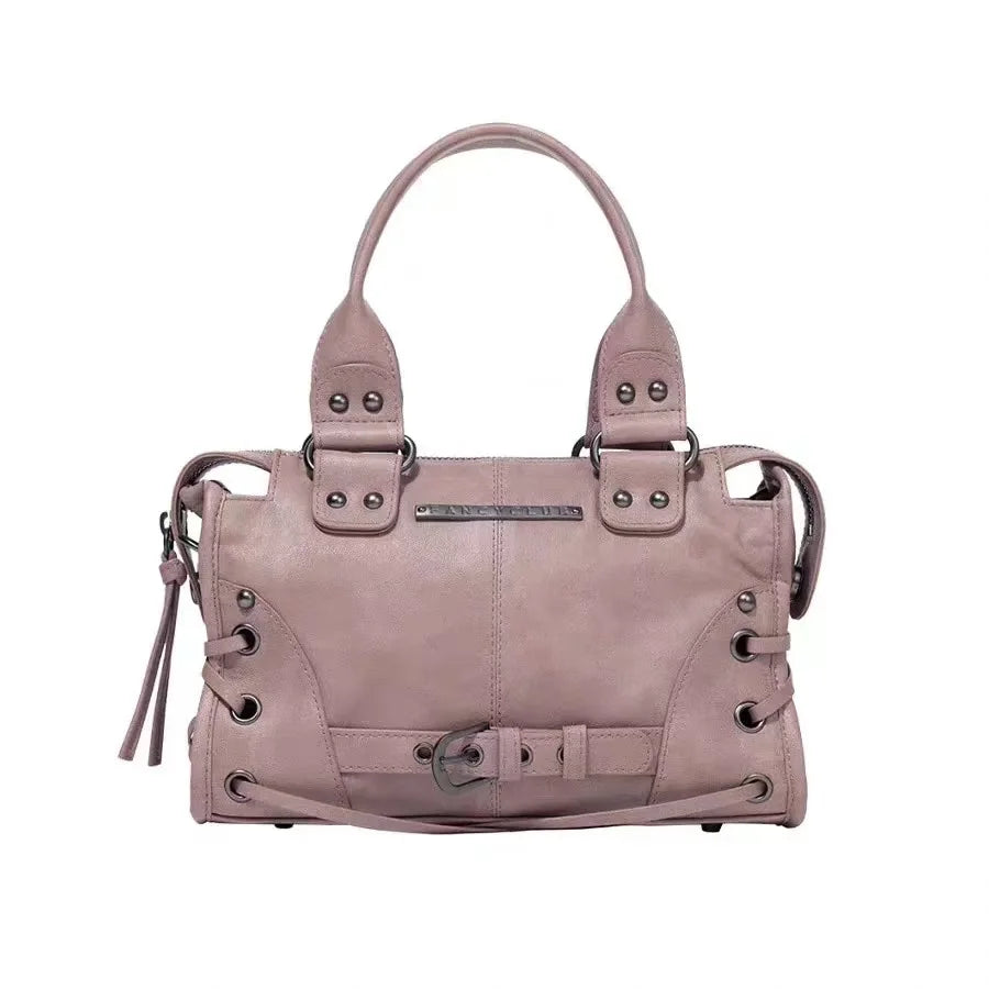 Bolso tote retro de motocicleta para mujer FANCY CLUB – Bolso de mano con remaches de gran capacidad con correas, monedero de moda de estilo coreano para viajes diarios, viajes, compras y atuendos casuales