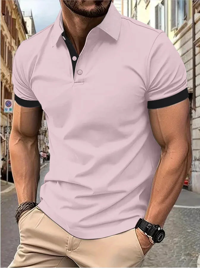 Men's Color-Block Short-Sleeve Polo Shirt – Fashion Lapel Collar Casual Top, Stylish Summer T-Shirt for Everyday & Smart Casual Wear
