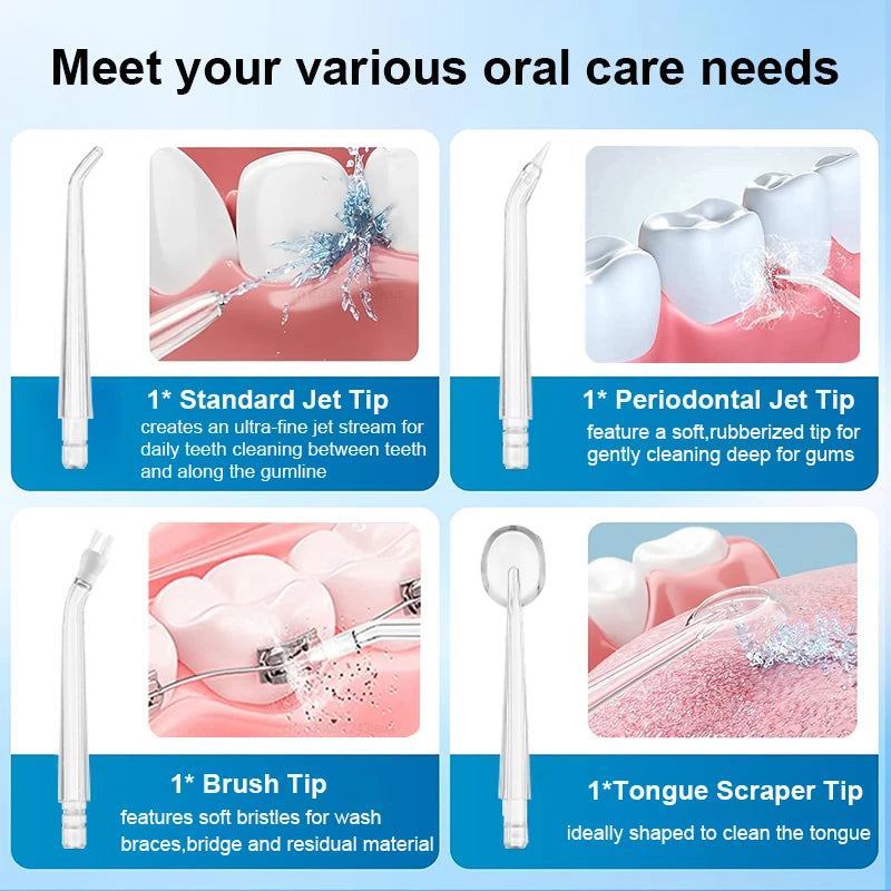 Irrigador bucal portátil USB recargable – Irrigador bucal impermeable IP65 con 3 modos de limpieza y 4 boquillas