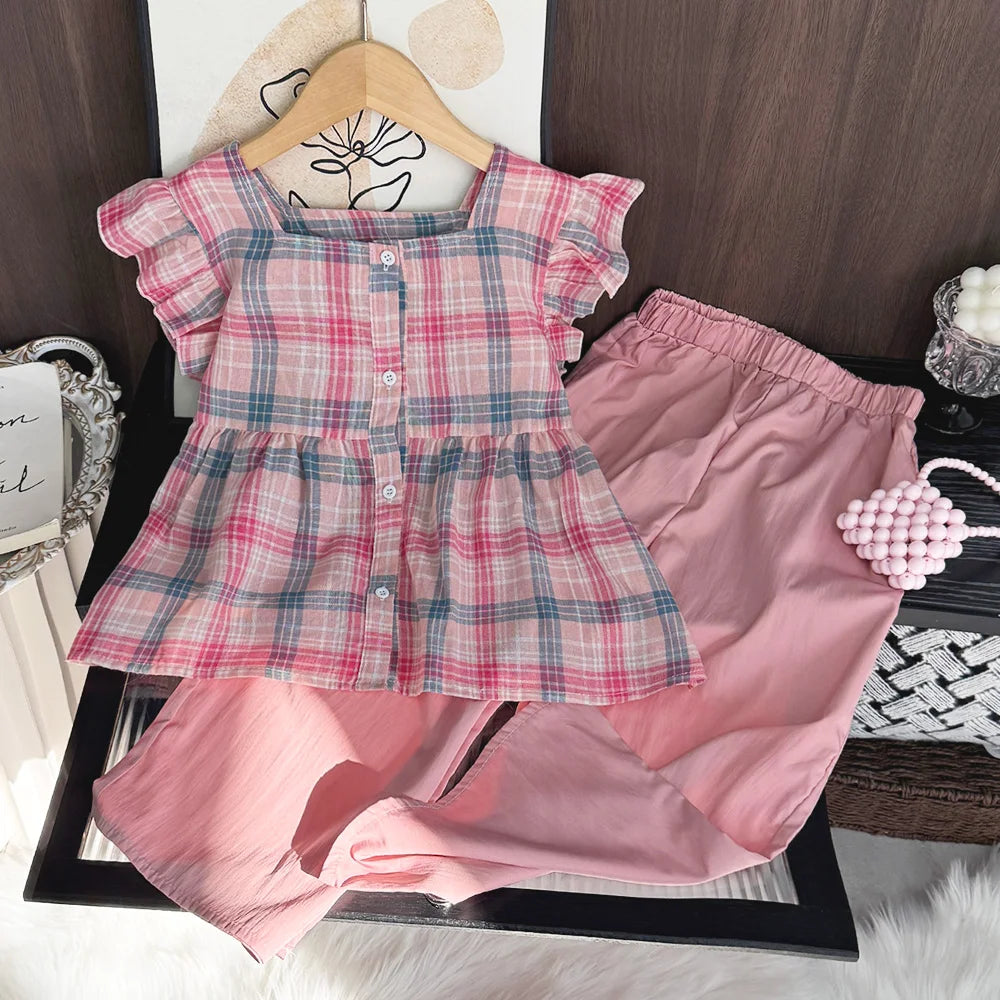 Girls Pink Checkered Two Piece Set – Square Collar Top & Wide Leg Pants Summer Outfit for Kids 3–10 Years