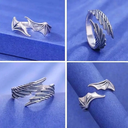 Anillo de pareja ajustable de alas de ángel y demonio vintage – Anillo de banda abierta gótico punk retro plateado para hombres y mujeres