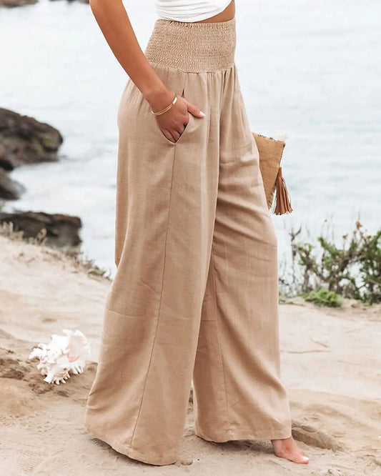 Pantalones casuales de pierna ancha para mujer con cordón en la cintura estilo europeo americano para playa primavera verano