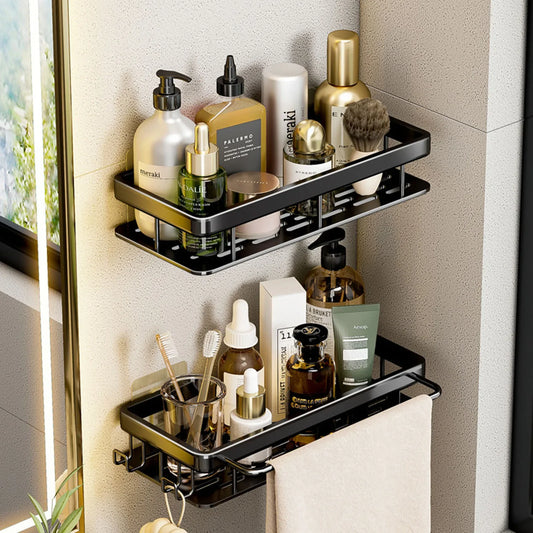 Estante esquinero de aluminio para ducha sin taladro – Soporte de pared para champú, jabón y almacenamiento de inodoro