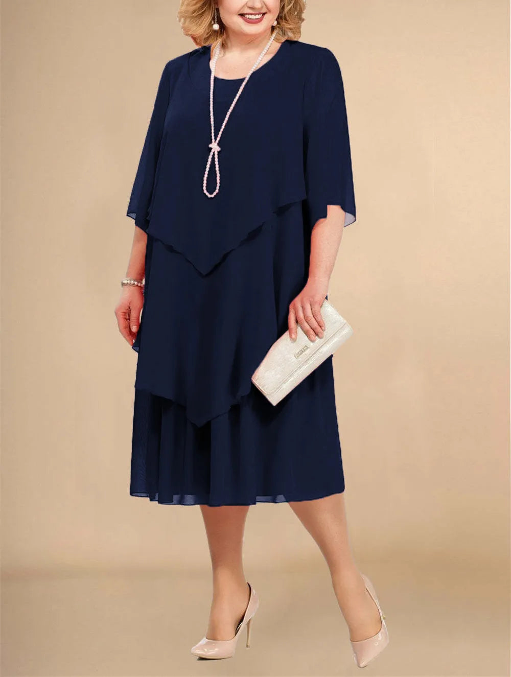 Plus Size Women's Chiffon Midi Dress – Elegant Irregular Layered Hem Flowy O-Neck Dress for Summer Parties & Weddings