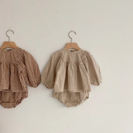 Conjunto de blusa y pantalón corto de cuadros 100 % algodón para bebé niña, conjunto de verano de 2 piezas para bebé