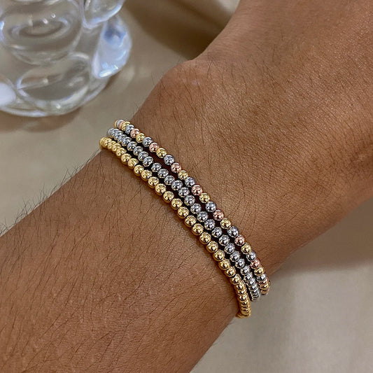 Pulsera de cuentas de acero inoxidable Greatera – Pulsera de cadena elástica tricolor bañada en oro de 3/4 mm para mujer | Regalo de joyería de moda impermeable