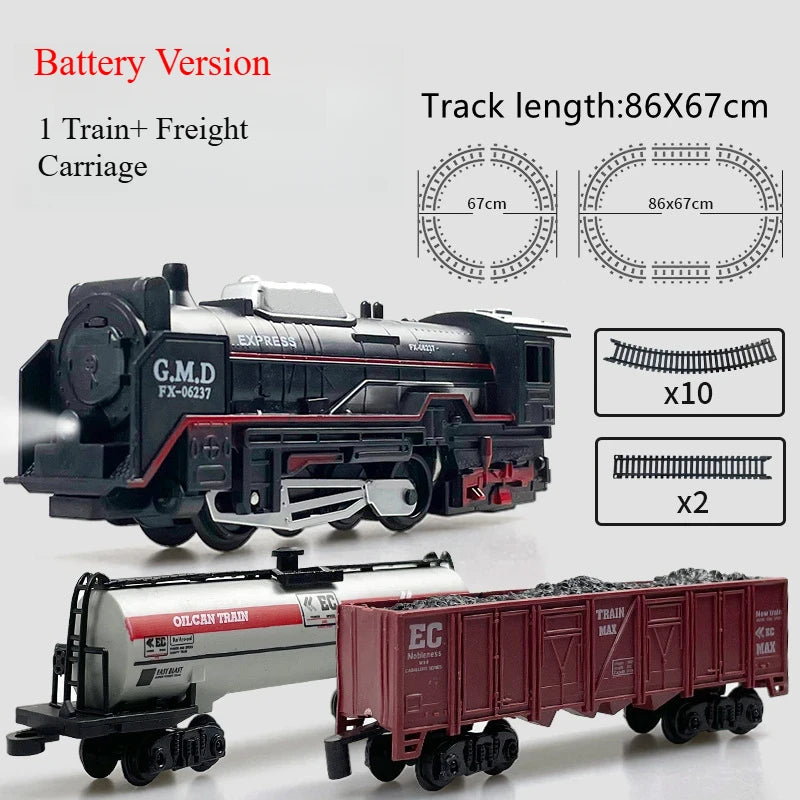Retro Electric Freight Steam Train Toy Set – DIY Assembly Railway Track with Lights, Sound & Smoke Simulation, Children’s Gift