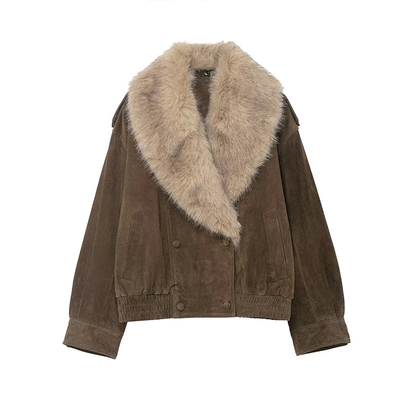 Women’s PU Leather Short Jacket – Contrast Fur Collar Double-Breasted Warm Coat, Stylish Autumn & Winter Outerwear