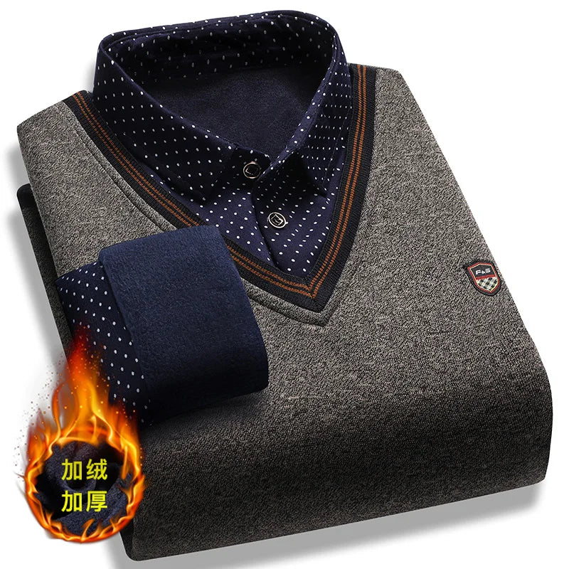 Men’s Fleece Polo Sweater – Long Sleeve Collared Pullover, Warm Knitted Top for Vintage Smart Casual Autumn & Winter Wear
