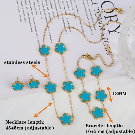 3Pcs Women’s 18K Gold Plated Five Leaf Flower Jewelry Set Clover Necklace Earrings Bracelet Party