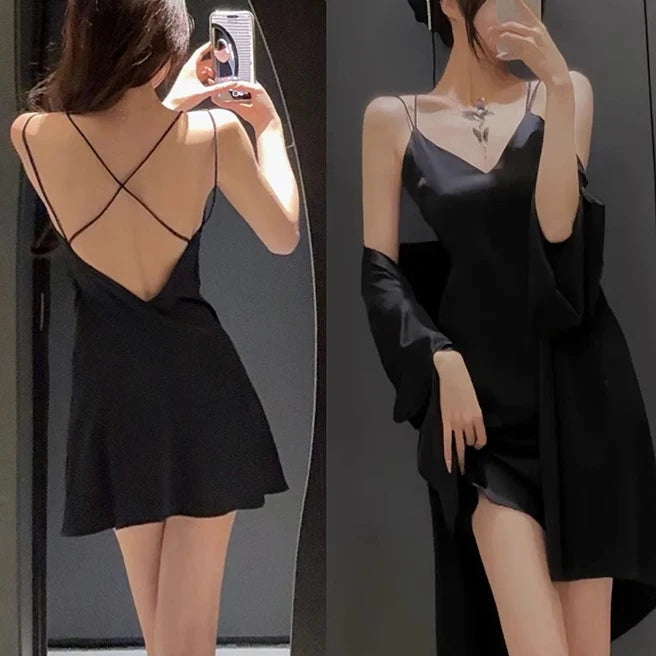 Women’s 2PCS Sleepwear Set – Backless Suspender Nightgown & Long Robe Elegant Sexy Loungewear Dress