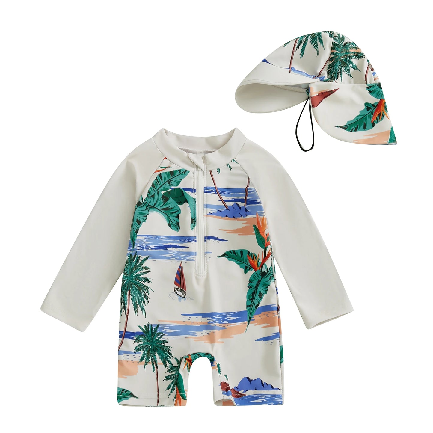 Kids Shark Print Rash Guard Swimwear Set – Long Sleeve Half Zip-Up Bathing Suit with Sun Hat, 2-Piece Toddler Boys’ Swimsuit for 0-5 Years, UV Protective Beachwear for Pool, Swimming & Summer Activities