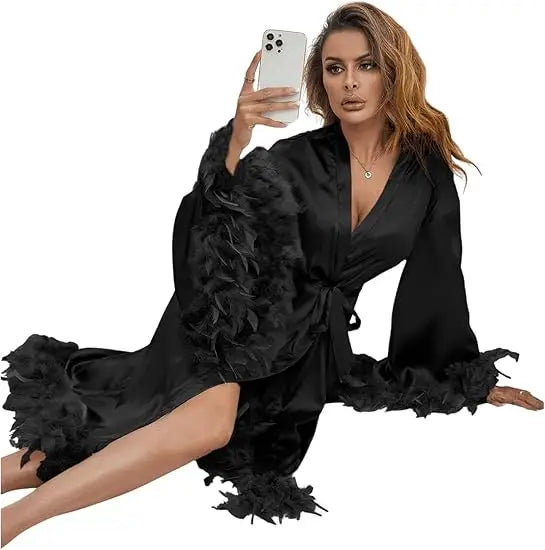 Women’s Satin Robe – Feather Trim Long Sleeve Solid Color Sleepwear Casual Loungewear Bathrobe