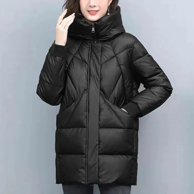 Women’s Hooded Cotton-Padded Winter Coat – Mid-Length Thick Puffer Jacket, Elegant Vintage Parka for Cold Weather