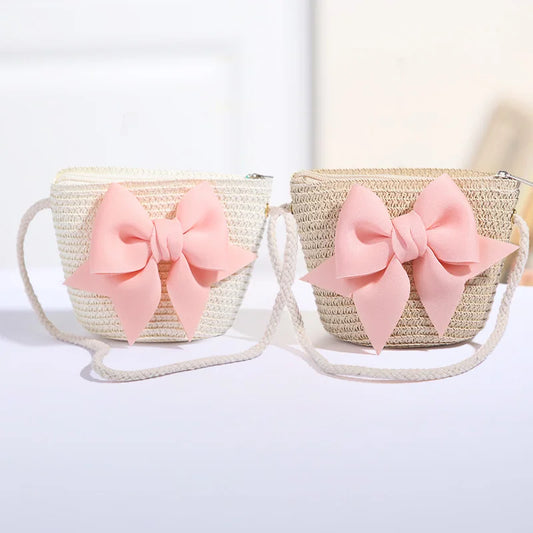 Sac à bandoulière rose en paille avec nœud pour filles, sac messager tissé de princesse pour enfants avec fermeture éclair
