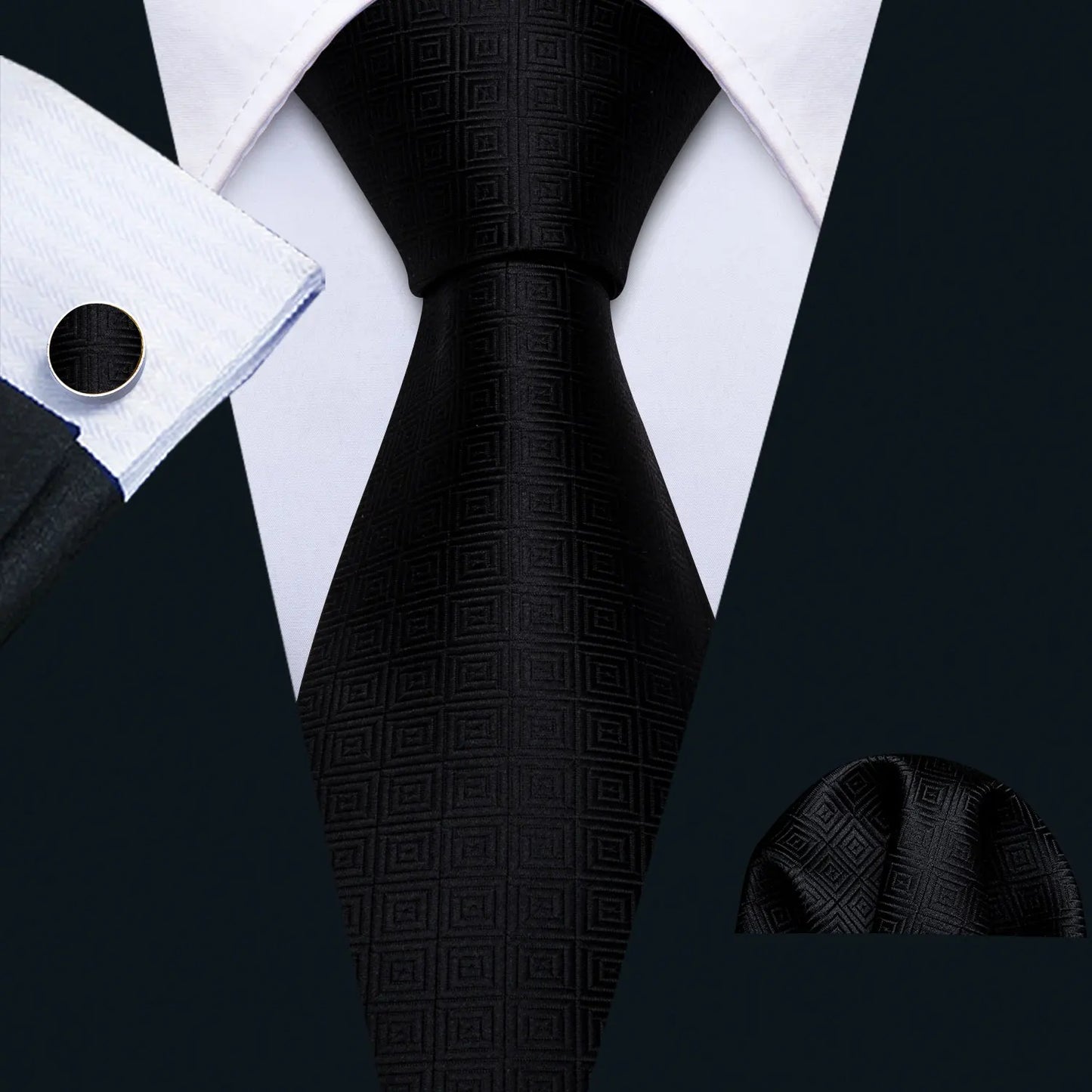 Set de corbata negra para hombre con pañuelo de bolsillo y gemelos. Corbata tejida para ocasiones formales de negocios o bodas.