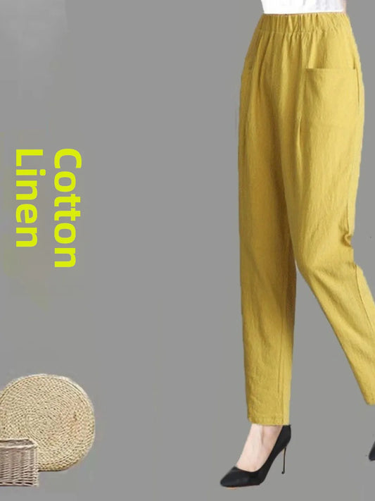 Women's Summer Cotton Harem Pants – Lightweight Loose High-Waist Cropped Trousers, Korean-Style Casual Plus Size Pants