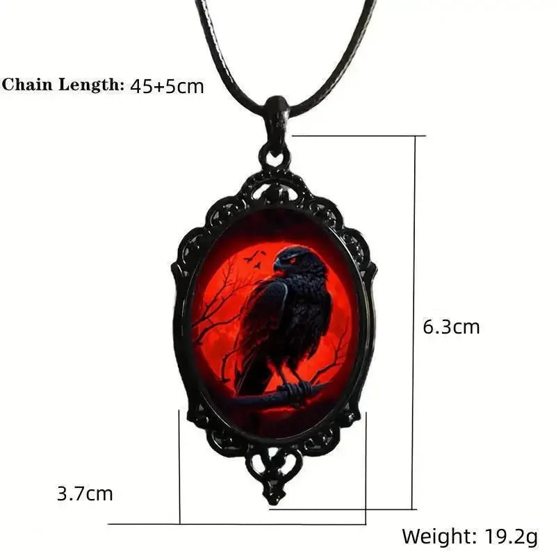 Gothic Vampire Owl Cameo Necklace – Blood Owl Glass Pendant with Rope Chain Choker for Women & Men, Witch Pagan Punk Jewelry Gift