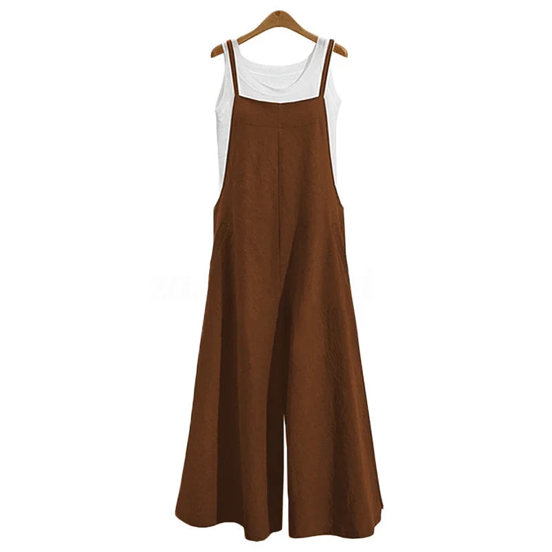 Women's Cotton Linen Wide Leg Jumpsuit Sleeveless Bib Overalls Casual Loose Summer Romper Plus Size 5XL