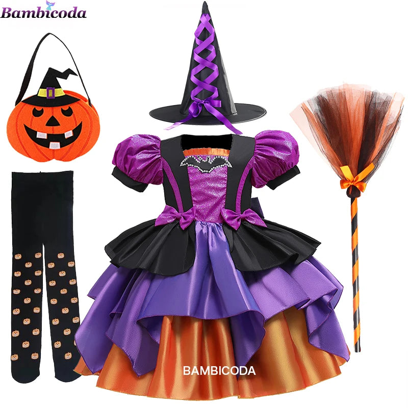 Girls Pumpkin Halloween Costume Dress – Fancy Bat Print Witch Princess Ball Gown for Cosplay, Festival & Party