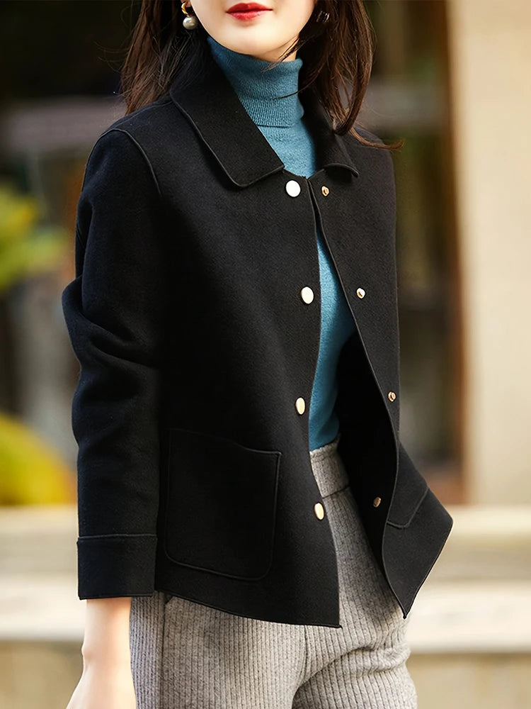 Women’s Classic Short Wool Coat – Solid Color Button-Up Jacket, Warm Autumn & Winter Fashion Outerwear