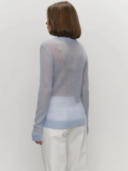 Suéter de punto clásico de mohair para mujer, top holgado de primavera y verano con cuello redondo, camisa de punto microtransparente y fresca