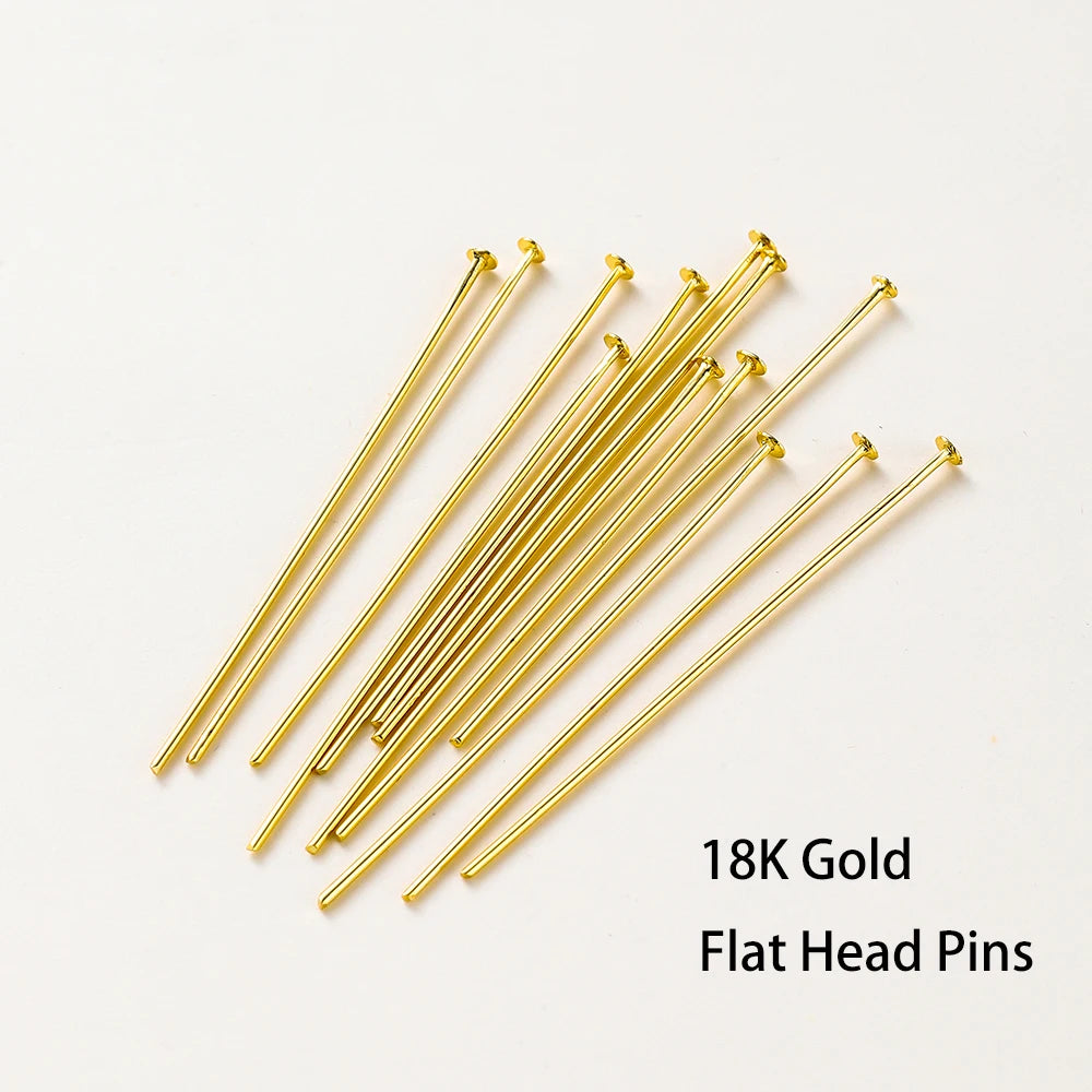 100-Piece 14K & 18K Gold Plated Brass Head Pins Set (16–50mm) – Ball, Flat & Eye Pins for DIY Jewelry Making & Crafts