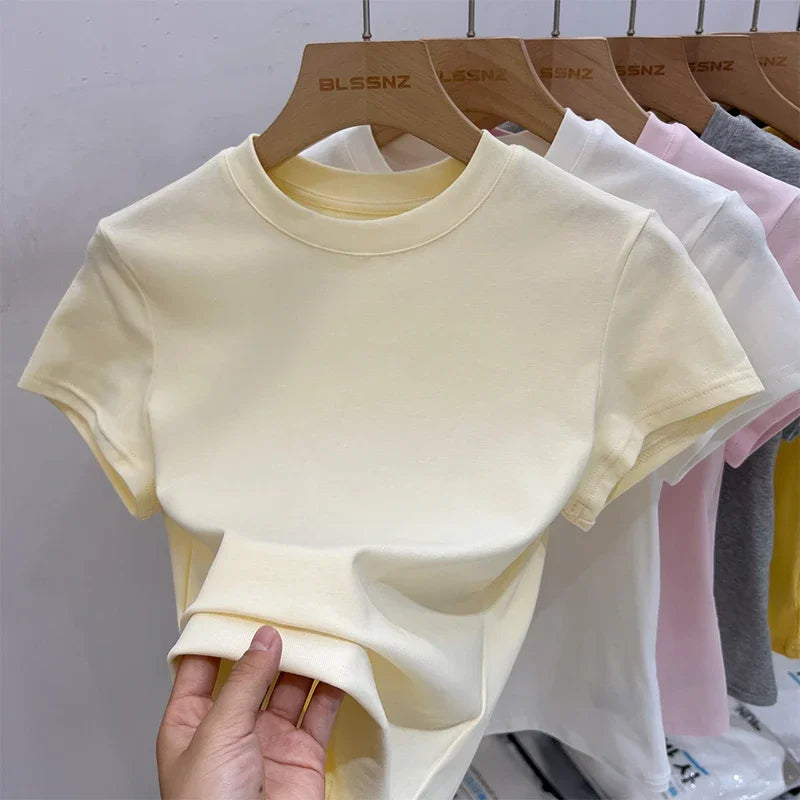 Zjaiss 2026 T-shirt col rond mode été sexy basique uni à manches courtes pour femme style coréen décontracté streetwear