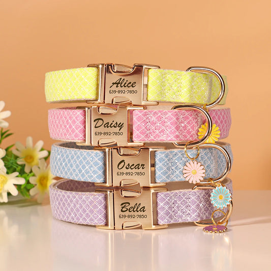 Custom Bling Nylon Dog Collar – Personalized Engraved ID Name Collar with Cute Flower Tag for Small & Medium Dogs and Cats
