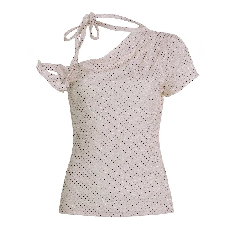 Women’s Sweet Polka Dot One Shoulder T-Shirt Korean Style Slim Fit Summer Casual Office Top