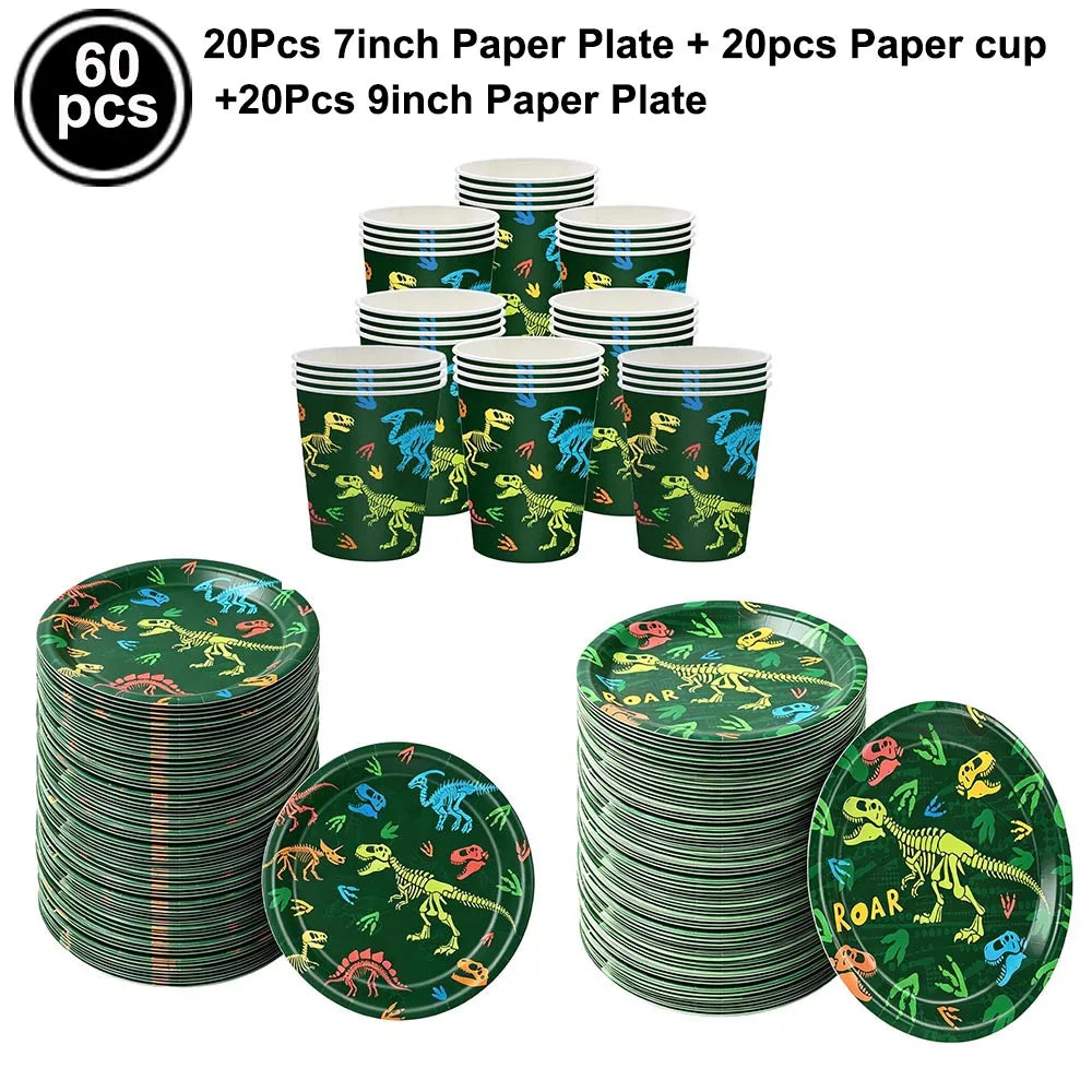 Jurassic Dinosaur Birthday Party Supplies – Dinosaur Fossil-Themed Disposable Plates, Cups & Napkins for Kids' Party Decorations
