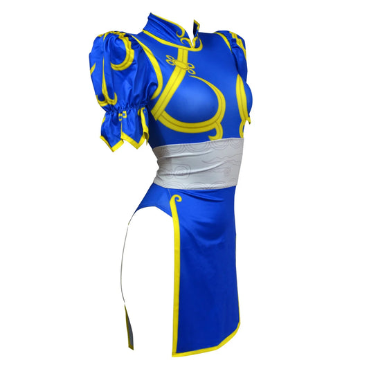 Disfraz de Chun-Li – Traje Cheongsam de Street Fighter | Atuendo de mujer con muñequeras y diadema (Halloween / Comic Con)